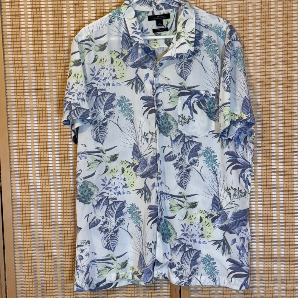 Marc Anthony Mens XL Slim Fit Tropical Pineapple Lyocell Button Down Shirt Blue